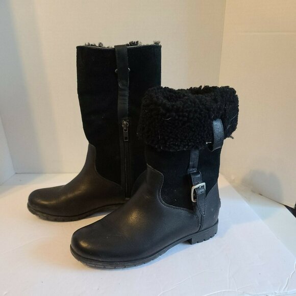 UGG Black Leather Australia Biker Boots 1001926 Women's Size 5 - Picture 1 of 6